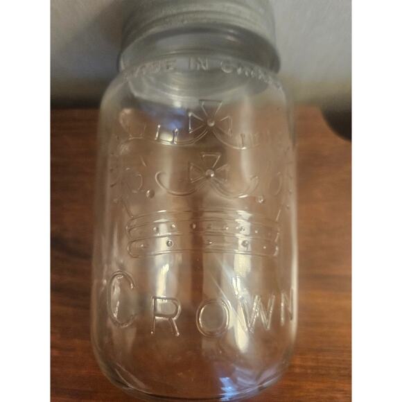 Antique CROWN 1 qt Imperial Quart Glass Mason Jar w/Zinc Ring & Glass Lid Canada - Picture 8 of 9